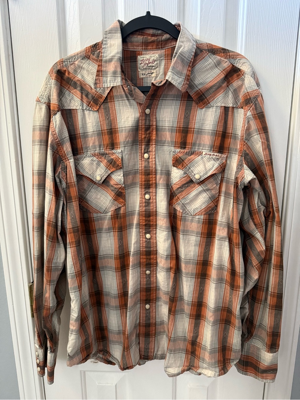 Lucky Brand Orange & Cream Plaid Western Button-Up Shirt